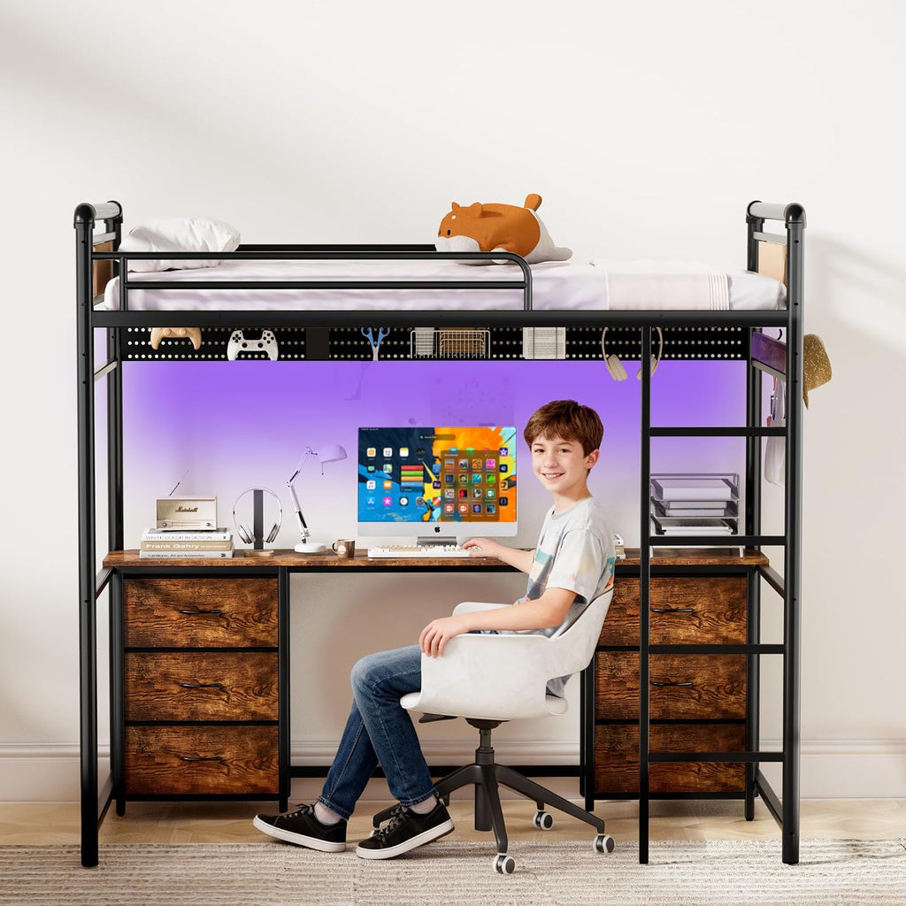 Loft Bed with Desk, Gaming Bunk Bed with Stairs, Twin Metal Loft Bed Heavy Duty Loft Beds for Adults, 6 Fabric Drawers, LED Lights & Charging Sation, No Noise & No Box Spring Needed, Brown