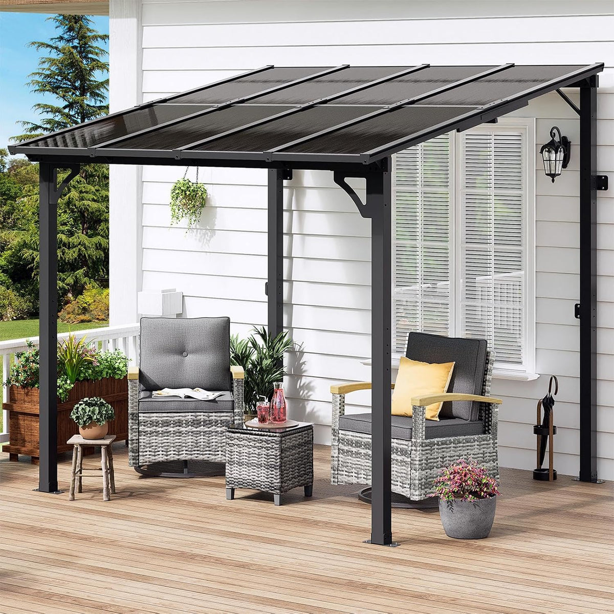 MEISSALIVVE 8' x 8' Wall Mounted Lean to Metal Awnings with Sloped Roof, Outdoor Patio Gazebo Awning for Backyard, Deck, Black