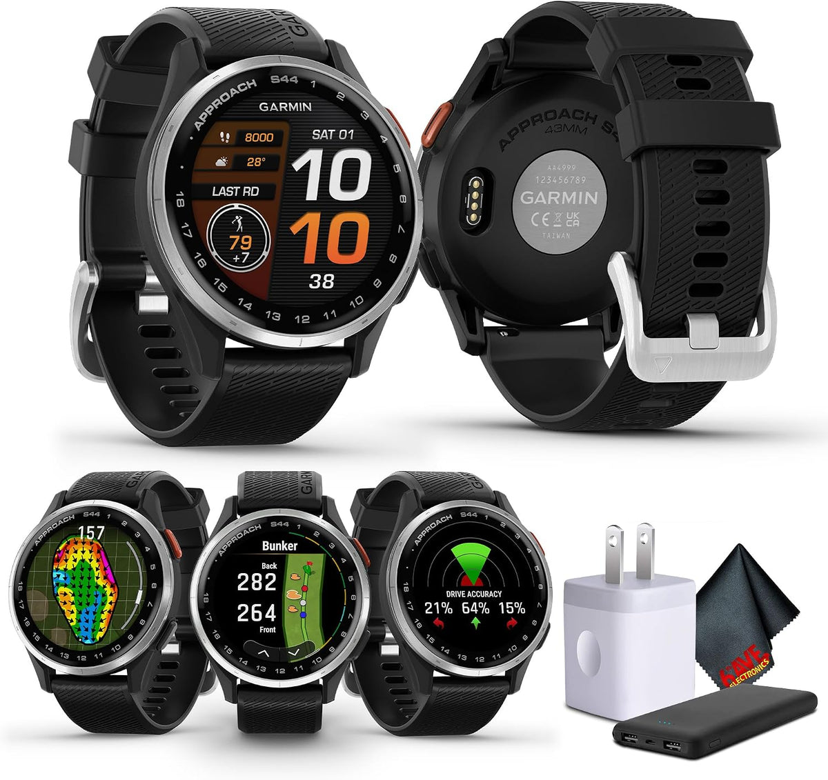 Garmin Approach S44 Essential Golf Watch with GPS, AMOLED Display, On-Course Features, Sports and Fitness Smartwatch, Silver Aluminum Bezel with Black Silicone Band Bundle
