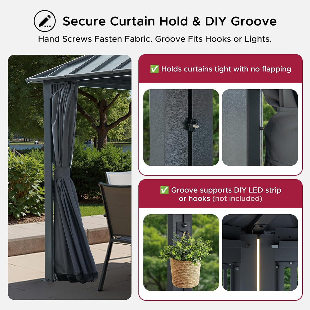 SUNJOY Kingston 10' x 10' Hardtop Gazebo with Galvanized Steel Double Roof, Curtain and Netting, Gray Aluminum Posts Permanent Pavilion Gazebo for Garden, Patio, Deck, Lawn