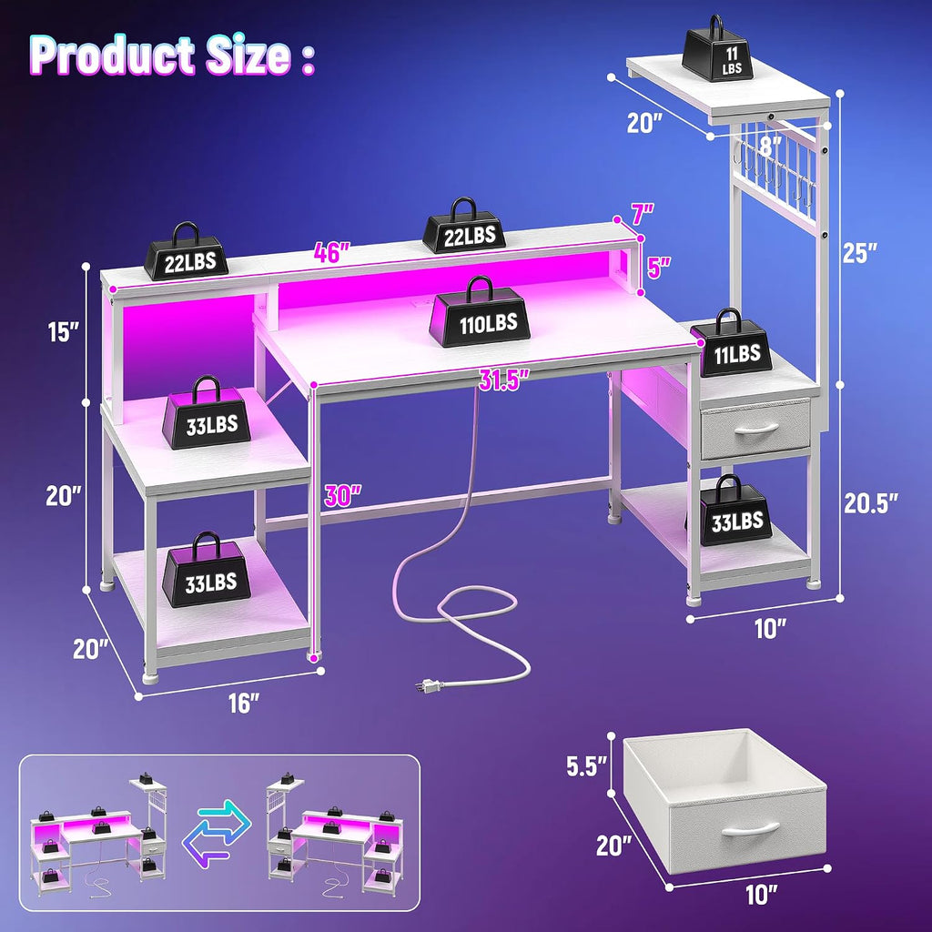 DurayLoly 55' Computer Desk with LED Lights & Outlets,Office Desk with Drawers & Monitor Stand,Gaming Desk with 3 Storage Shelves, Hooks& Printer Space for Game&Study Room,Home Office,Bedroom,White