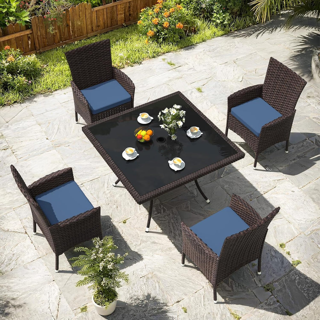 Gotland 5 Piece Outdoor Dining Set, All-Weather Rattan Patio Furniture Set with Umbrella Hole Tempered Glass Square Table, Outdoor Table and Chairs with Removable Cushions for Backyard, Deck, Navy