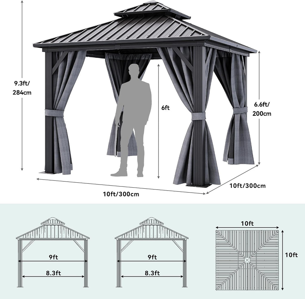 YITAHOME 10X10FT Hard Top Metal Gazebo Patios Double Roof Canopy Aluminum Frame Garden Gazebo Tent Curtains Netting for Patios Backyards Decks Lawns Gray