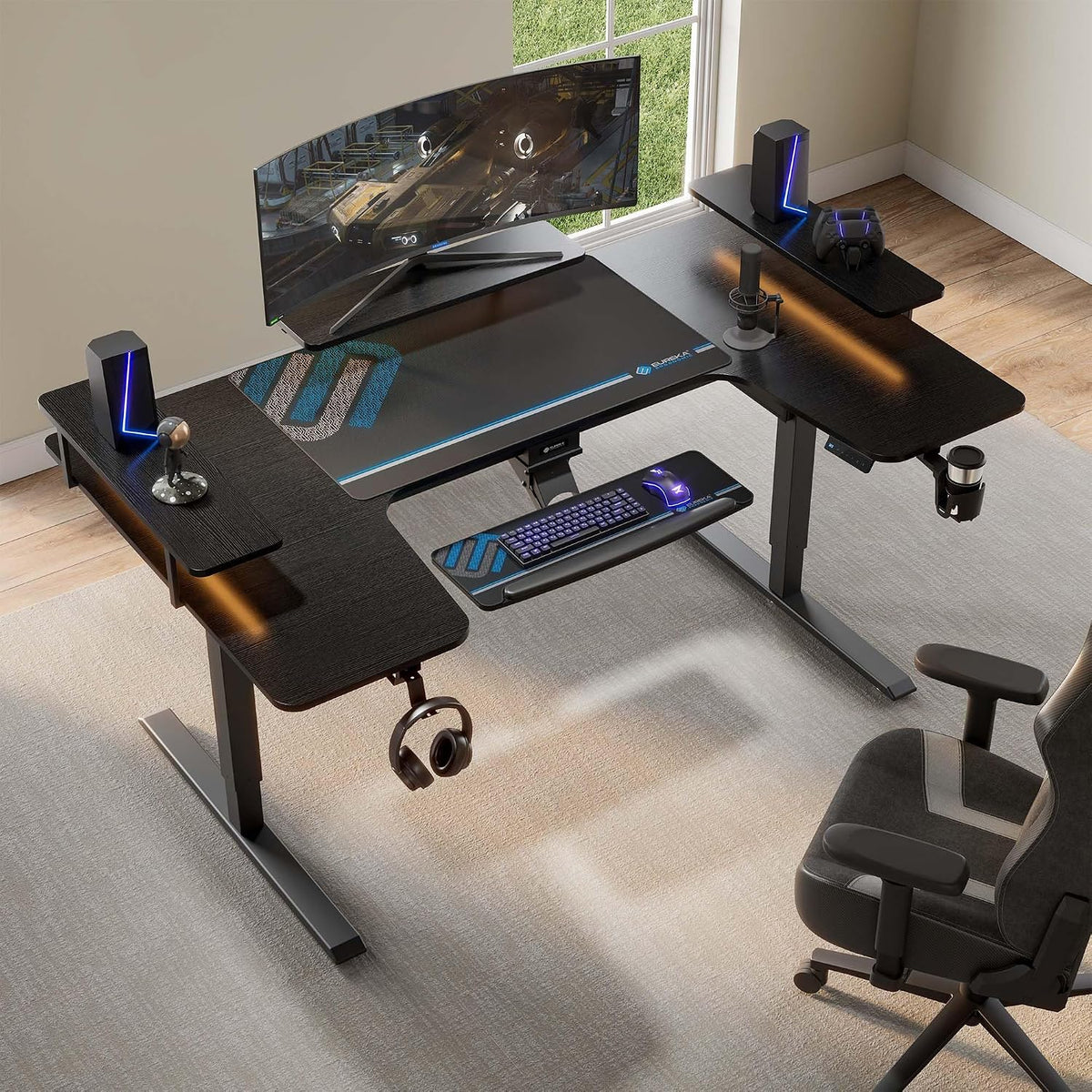 EUREKA ERGONOMIC Standing Desk with Keyboard Tray,U-Shaped 74 Inch Large Gaming Desk,Electric Height Adjustable Music Studio Desk w LED Convertible Shelves