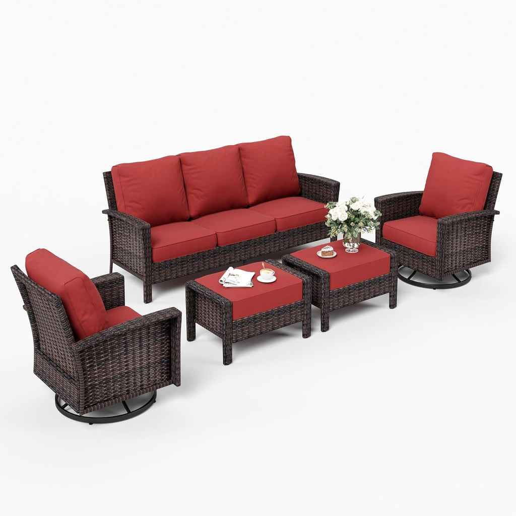 SUNSHINE VALLEY Patio Furniture Set with Swivel Chairs, High Back Wicker Rattan Furniture with 5.5' Thick Cushion and 2 Ottoman, Outdoor Conversation Set for Backyard Deck, Red