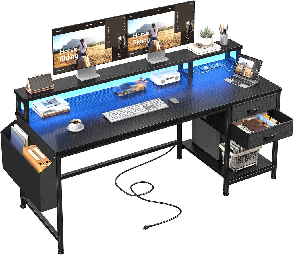 DurayLoly 55' Computer Desk with Drawers & Storage Bag, Gaming Desk with Power Outlets and LED Lights, Office Desk with Monitor Stand for Bedroom Gaming Room, Study Work Home Office, Black