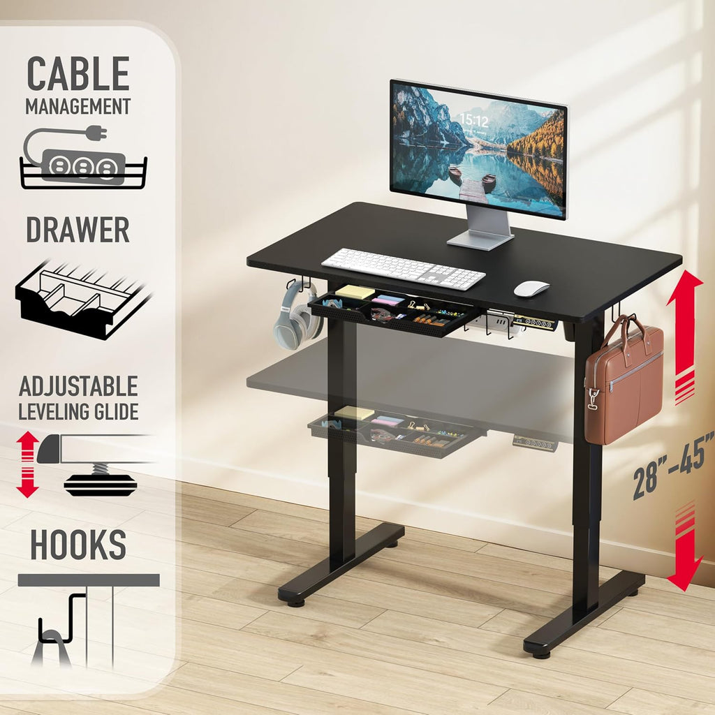 SHW 40-Inch Electric Height Adjustable Standing Desk with Drawer, Memory Preset and Cable Management Tray, Black