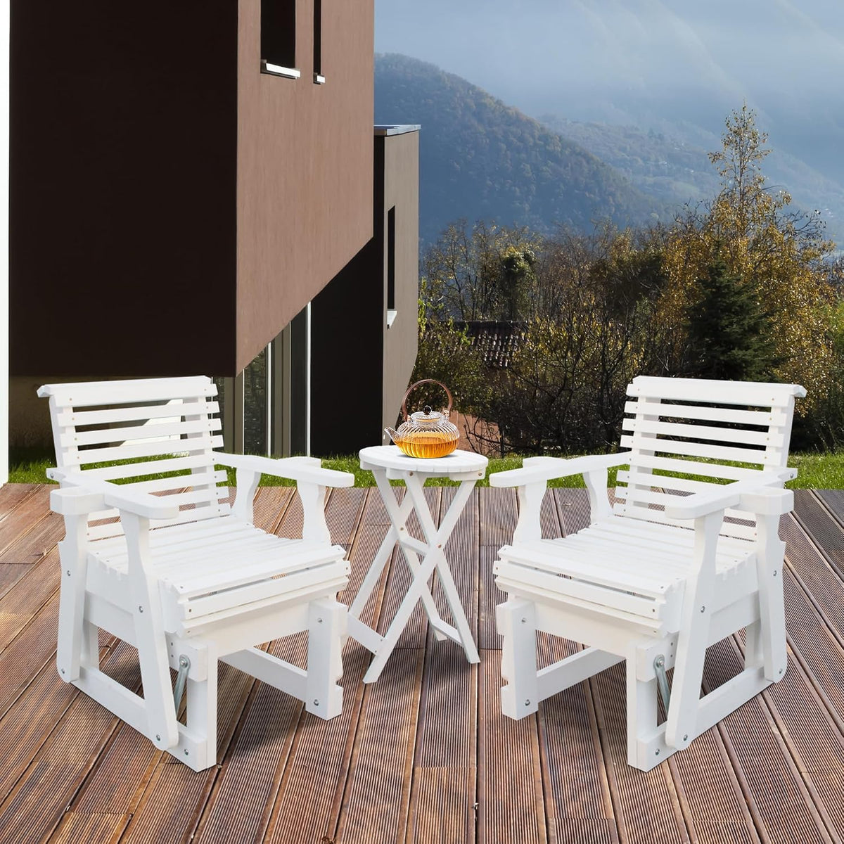 Outdoor Glider Chair,2-Seater Wooden Glider Patio Furniture Set with Table, Cupholder, High Back and Deep Contoured Seater, for Porch, Patio and Balcony, White