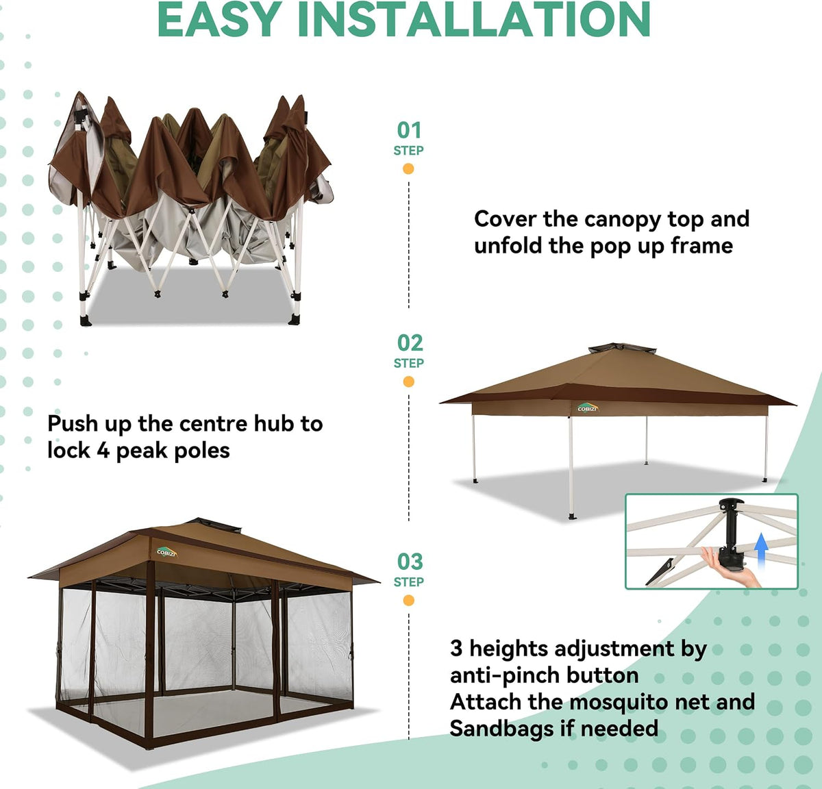 COBIZI 10x15 FT Pop up Gazebo on Clearance - Outdoor pop up Heavy Duty Canopy Tent,carpas para Patio,Screen Tents with Portable Carry Bag, Patio Gazebos for Camping, Garden, Deck, Backyard, Brown