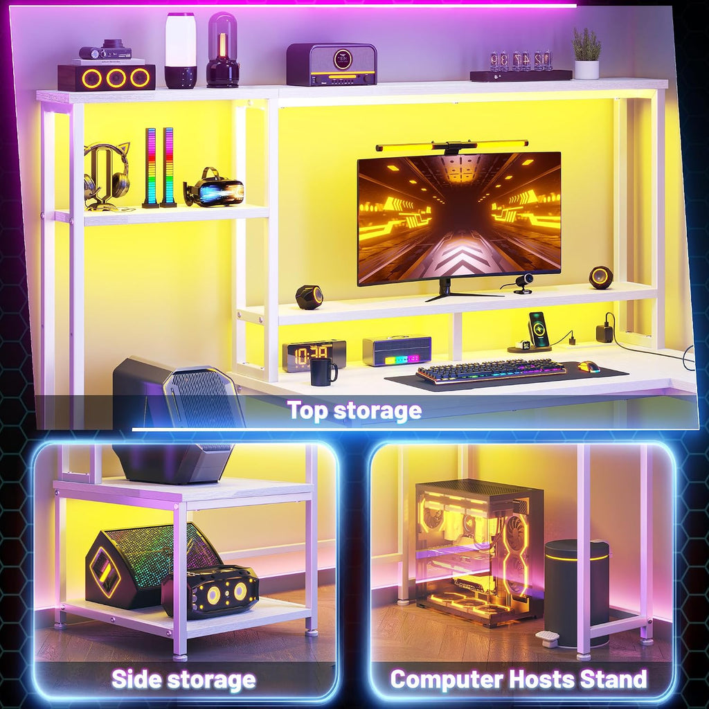L Shaped Gaming Desk with LED Lights & Outlets,55' Computer Desk with Shelves & Storage Hutch,Reversible Corner Gaming Table with Printer Space & Monitor Stand for Game Room,Home Office,White