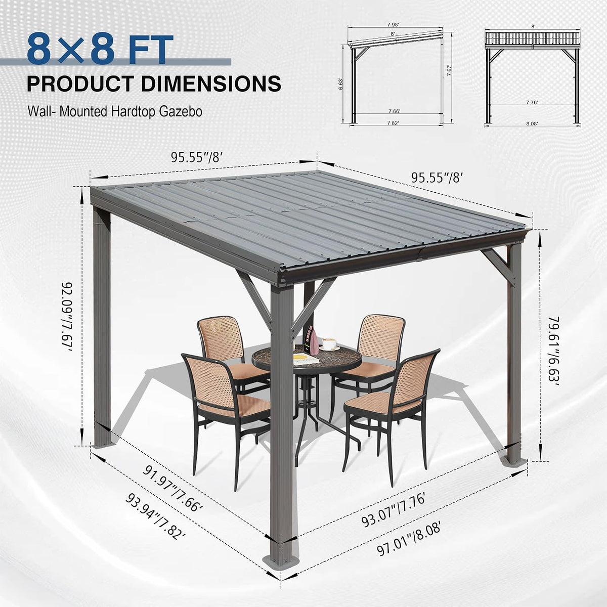 Domi 8'x8' Lean to Gazebo Hardtop, Expandable Wall Mounted Pergola with Gutters & Galvanized Steel Roof, 60MPH Wind Resistance, Outdoor Metal Heavy Duty Metal Awning for Patio, Deck, Backyard - Grey
