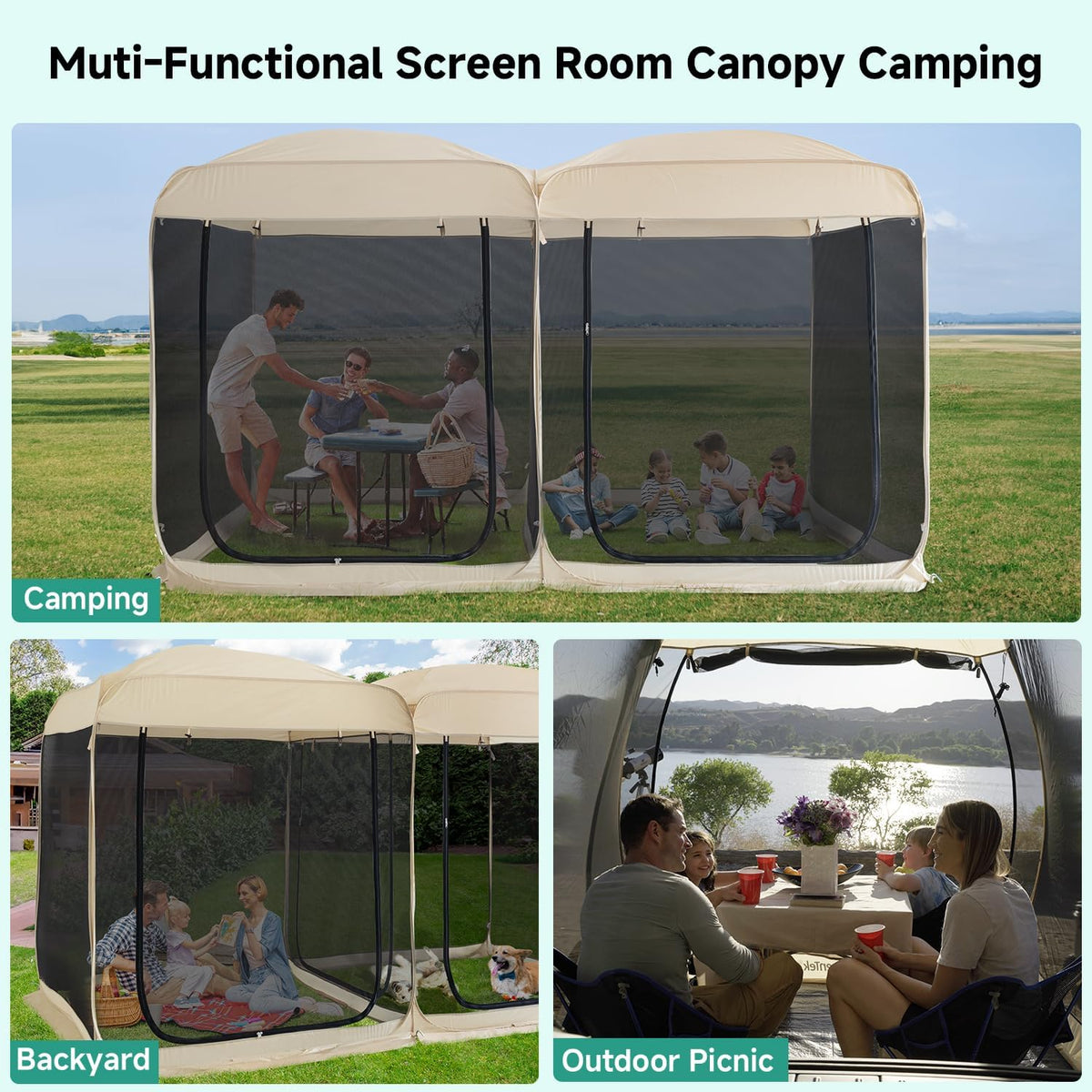 Alvantor® Screen House Room 2024 Upgraded 2 in 1 Screen Tent PoP Up Gazebo® with Mesh Mosquito Netting, Sun Shade Outdoor Canopy for Patio, Camping, Backyard and Outside Activities- 12' x 7.5', Beige