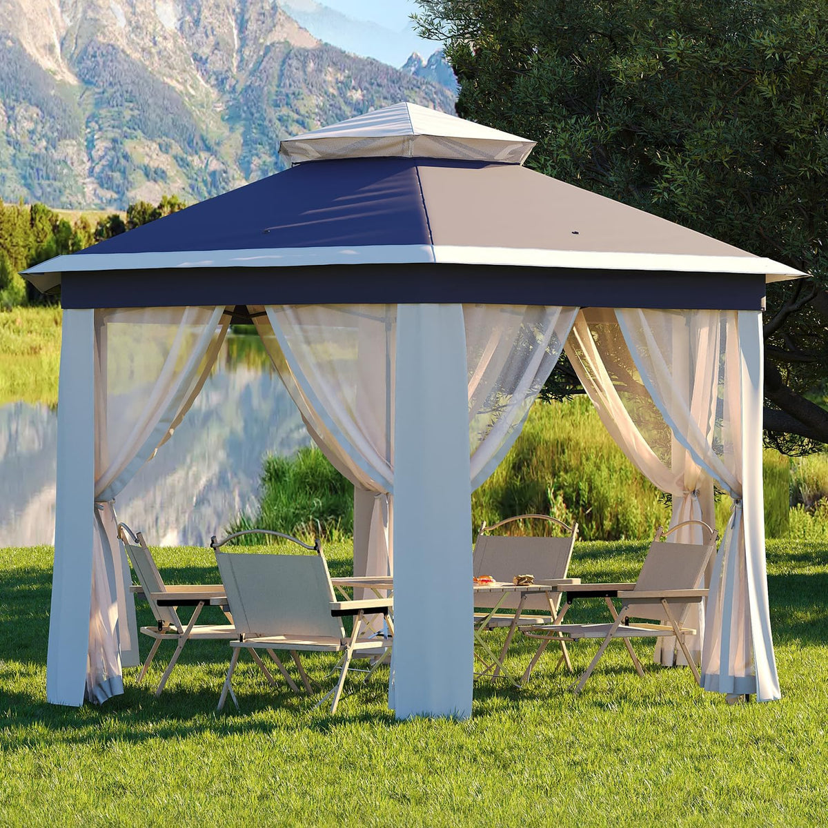 Garvee Pop Up Gazebo Screen Tent, Hexagonal Instant Gazebo Tents with Mosquito Netting Outdoor Canopy, 6 Sided Sun Shelter 13x13 ft with Mesh Netting, Pavilion Tent for Patio, Blue+Beige