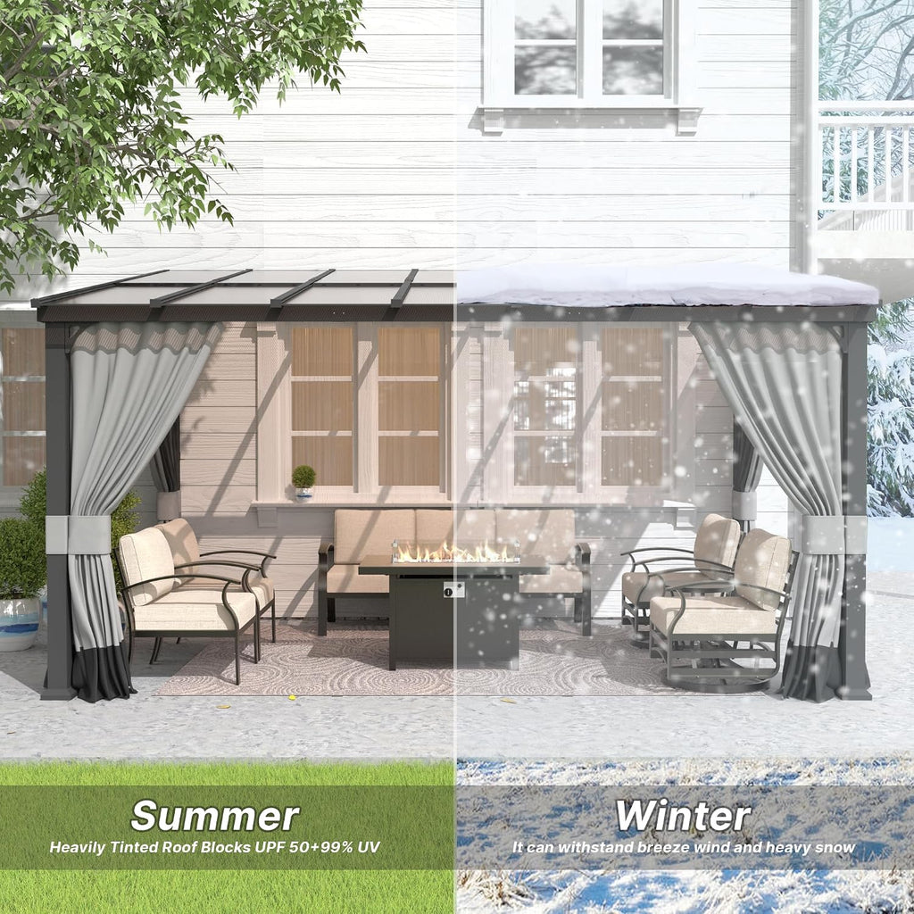 Gotland 10 FT x 14 FT Lean to Gazebo, 3 in 1 Outdoor Gazebo with Sloped Roof, Wall Mounted Gazebo with Ground Anchor Sturdy Structure, Galvanized Steel Metal Pergola for Backyard Deck Grey