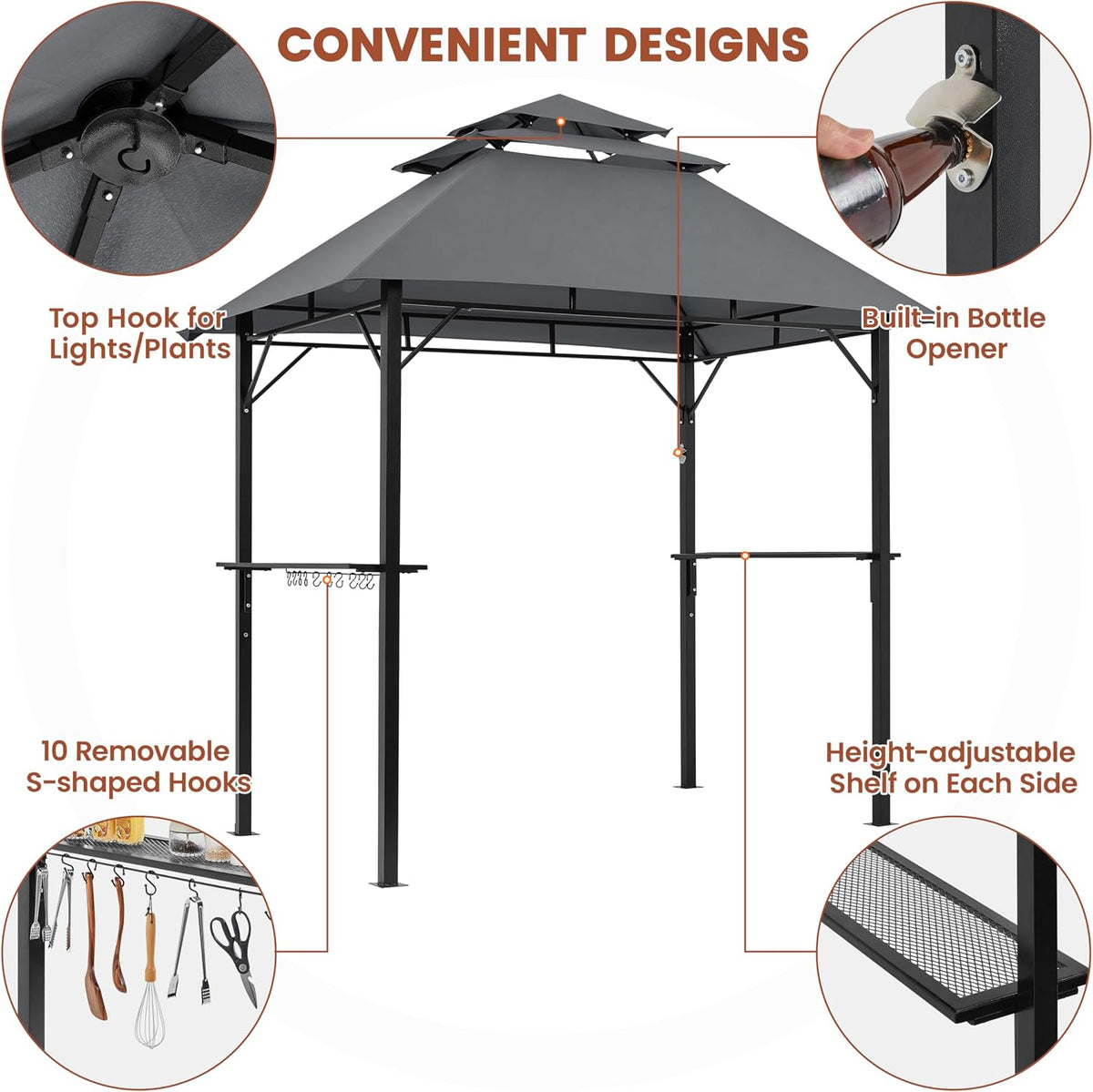 Yaheetech 8x5' Grill Gazebo, 3-Tier Outdoor BBQ Gazebo with Height-Adjustable Shelves & 10 S-Shaped Hooks & Built-in Bottle Opener, Dark Gray
