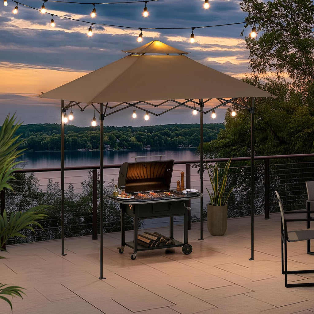 SUNJOY 8 x 5 ft. Grill Gazebo Pop Up Double Tiered Outdoor Gazebo Standing-Height Canopy with Magnetic LED Light, Adjustable Ceiling Height, for BBQ,Picnics, Outdoor Events, Brown