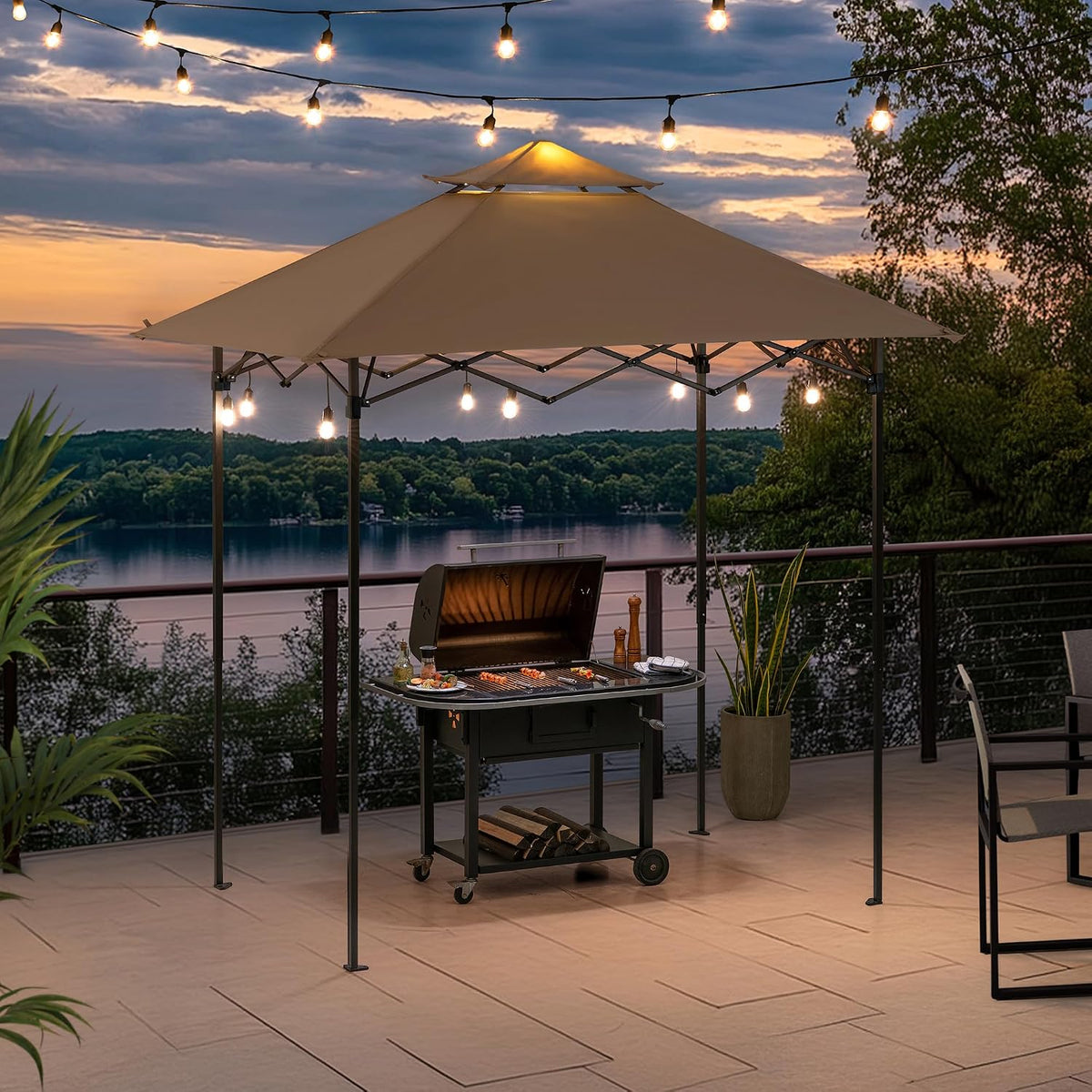 SUNJOY 8 x 5 ft. Grill Gazebo Pop Up Double Tiered Outdoor Gazebo Standing-Height Canopy with Magnetic LED Light, Adjustable Ceiling Height, for BBQ,Picnics, Outdoor Events, Brown