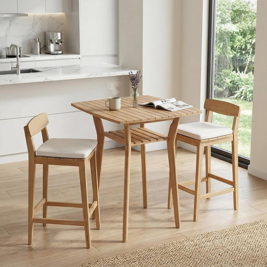 3 Piece Outdoor Patio Bar Set, Acacia Patio Furniture Set, High Top Patio Table and Chairs, 28.5' Bar Height Patio Bistro Set with Cushions, Patio Conversation Set for Balcony/Yard, Beige