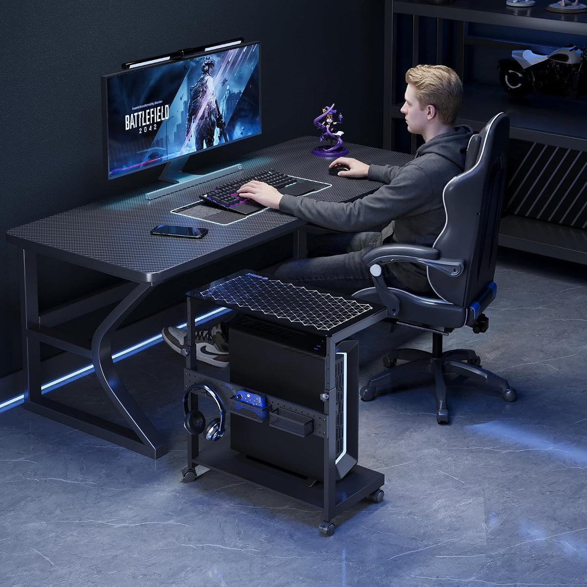 EUREKA ERGONOMIC Height Adjustable Computer Tower Stand, Illuminated Glass Panel PC Stand w/RGB Lights, 2-Tier CPU Holder Cart Under Desk, PC Floor Stand for Office Gaming, APP Control