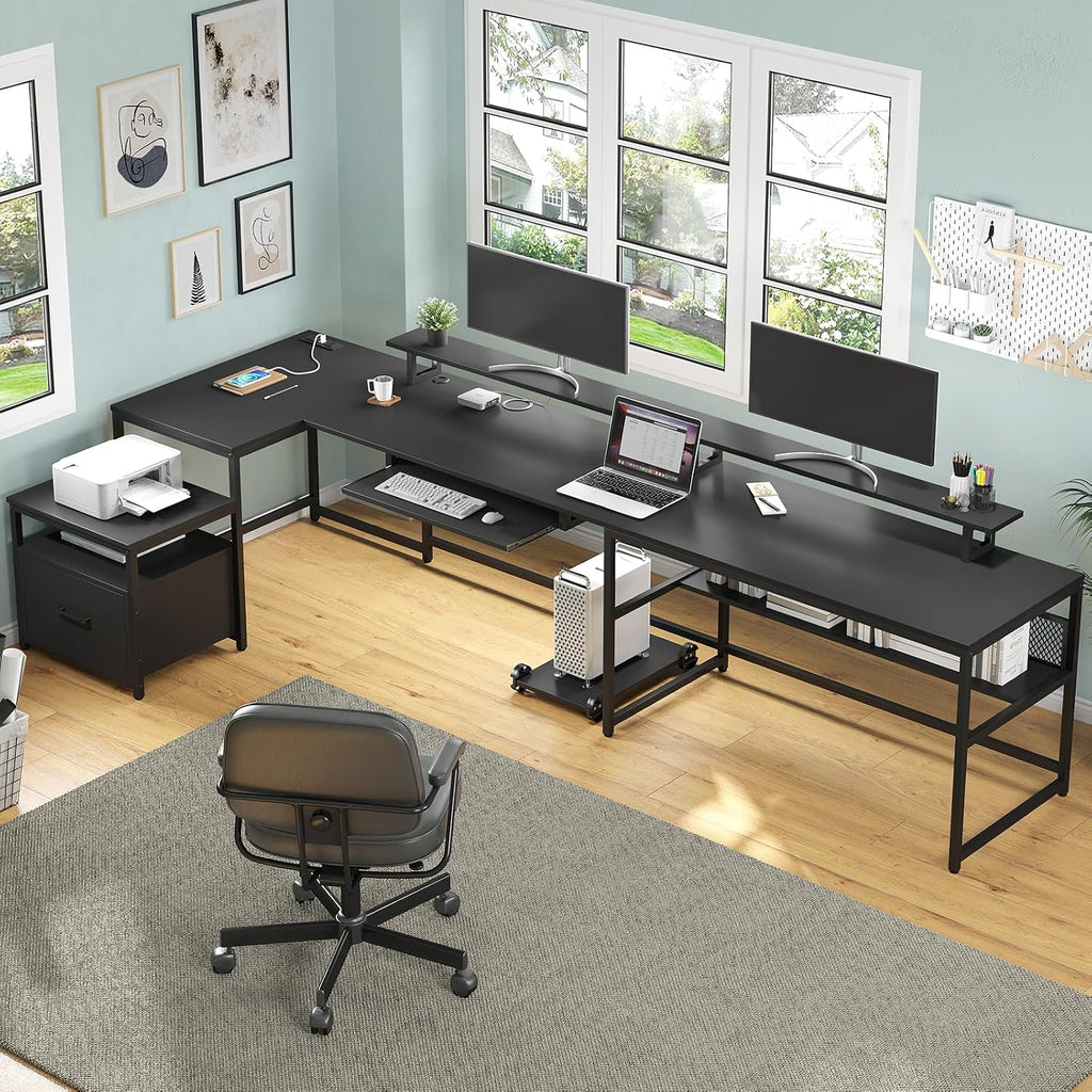 SEDETA U Shaped Desk,101.5''Reversible L Shaped Home Office Desk with Drawer & Power Outlet,Computer Two Person Desk with Monitor Shelf, Keyboard Tray, Black