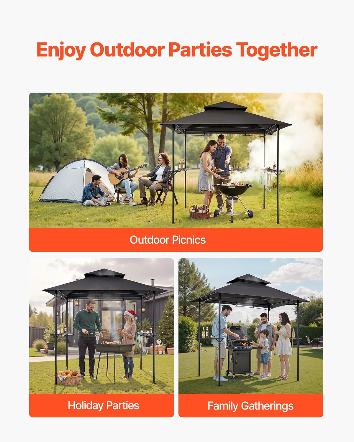 VEVOR Grill Gazebo, 8 x 5 ft Outdoor BBQ Gazebo with Double-Tiered Roof, Powder-Coated Steel Patio Grill Shelter with 2 Side Shelves & 8 Hooks, Grilling Canopy for Patio Backyard Garden Picnic