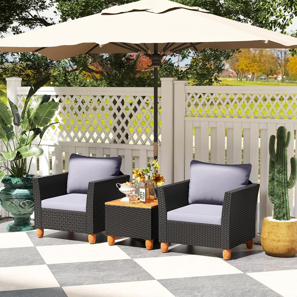LDAILY Patio 3 Pieces Patio Furniture Set, PE Rattan Outdoor Wicker Sofa Chair with Washable Cushion & Wood Storage Table, Patio Conversation Set for Porch, Yard, Garden (Grey)