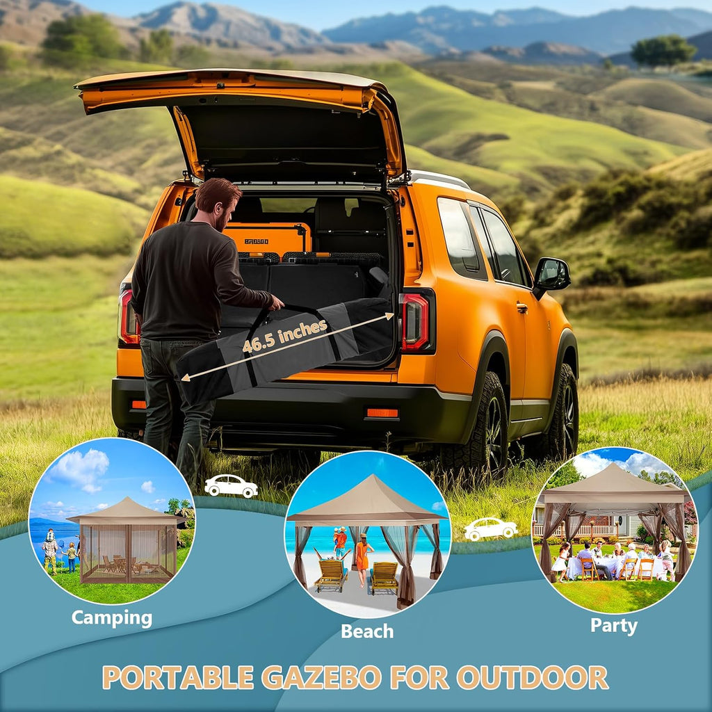 COBIZI 12x12 Pop Up Gazebo On Clearance Canopy Tent Easy Up Outdoor Gazebo Waterproof Upgrade with Mosquito Nettings and Carry Bag for Patio Garden Lawn（Khaki）