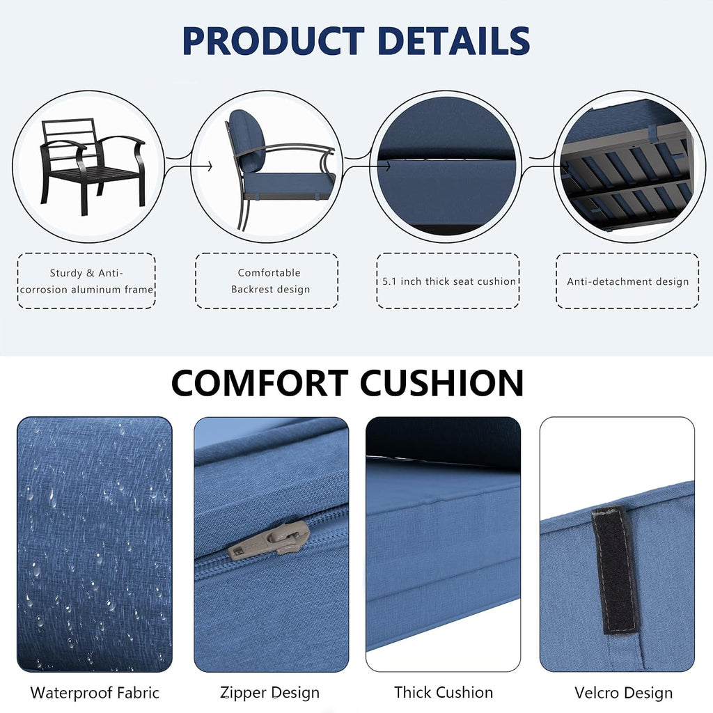 Aluminum Outdoor Patio Furniture Set,5 Seats Patio Conversation Sets with Rectangular Coffee Table,Metal Patio Sectional Furniture Set with 5.1' Thickened Cushions,Navy Blue