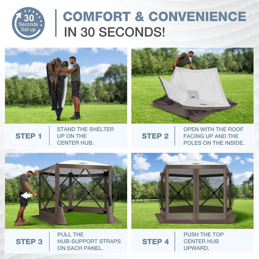 COBIZI Pop Up Gazebo Screen Tent Screen House for Camping, 10FTx10FT Screen Room with Mosquito Netting, Hub Tent Instant Screened Canopy with Carrying Bag and Ground Stakes, Brown