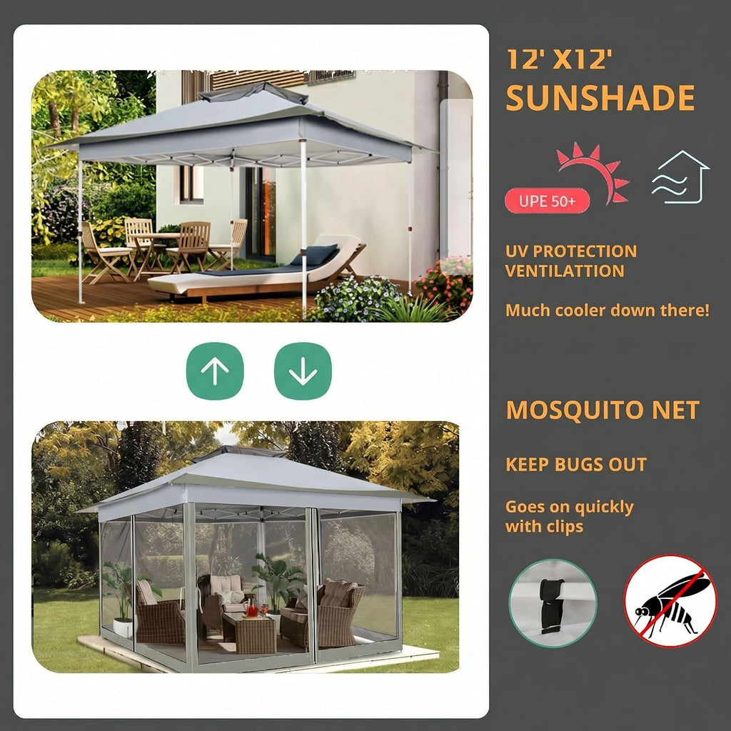 COBIZI 12x12 Pop Up Gazebos On Clearance - Upgrade Easy Up Metal Outdoor Gazebo Waterproof - Portable Gazebo with Mosquito Nettings, 4 Ropes 8 Stakes and Carry Bag for Patio Garden(Dark Gray)