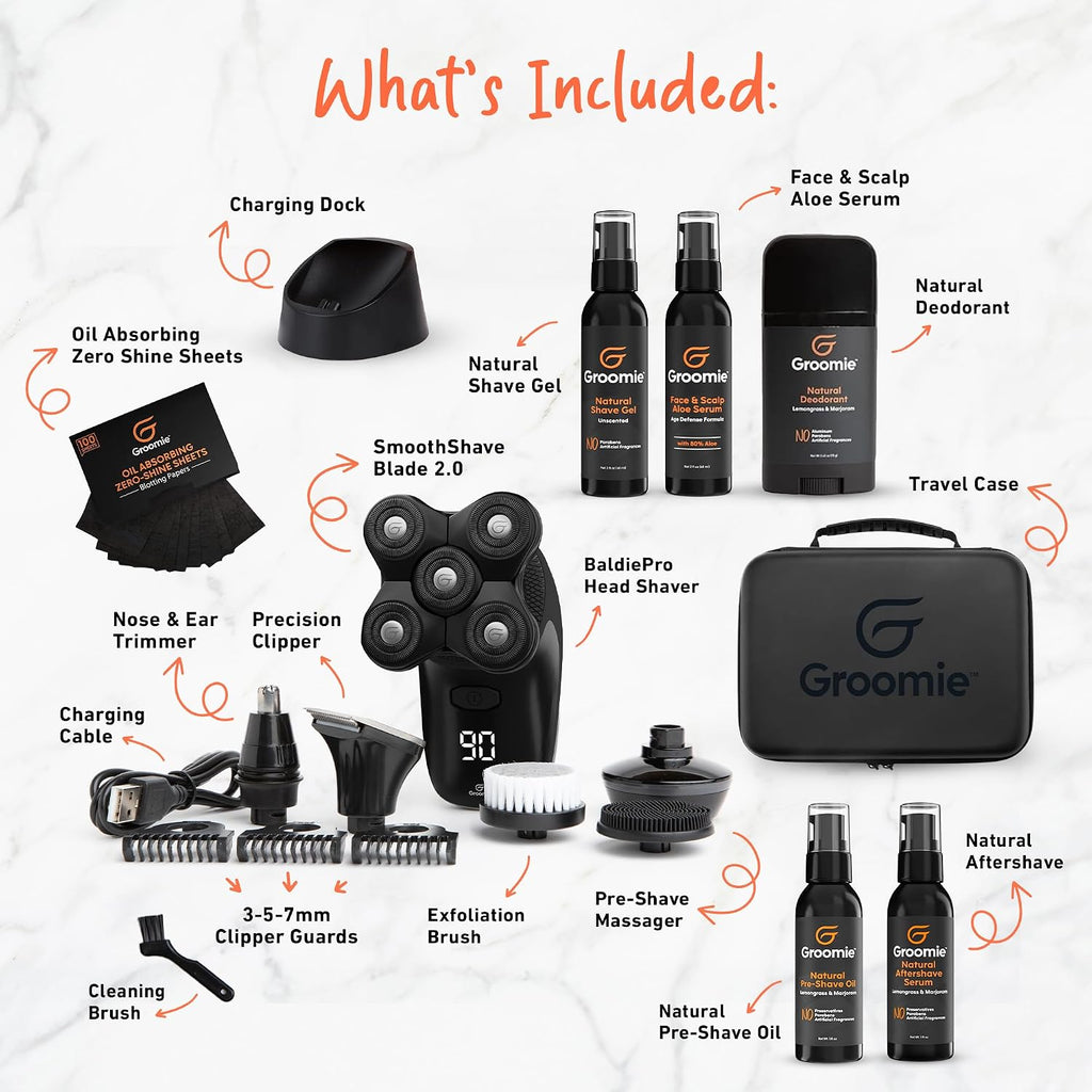 Groomie Mens Grooming Bundle - BaldiePro Electric Head Shaver for Bald Men Includes Travel Case, Charging Dock & Accessory Kit - Deodorant, Scalp & Face Serum, Shave Gel, Aftershave, Pre-Shave Oil
