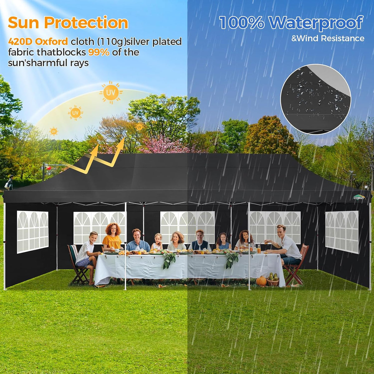 COBIZI 10x30 Pop up Canopy with Roller Bag & 8 Removable Sidewalls, Canopy Tent for Parties, Wedding, and Commercials, Waterproof and Instant Shelter UV50+ Outdoor Gazebo with 4 Sandbags(Black)
