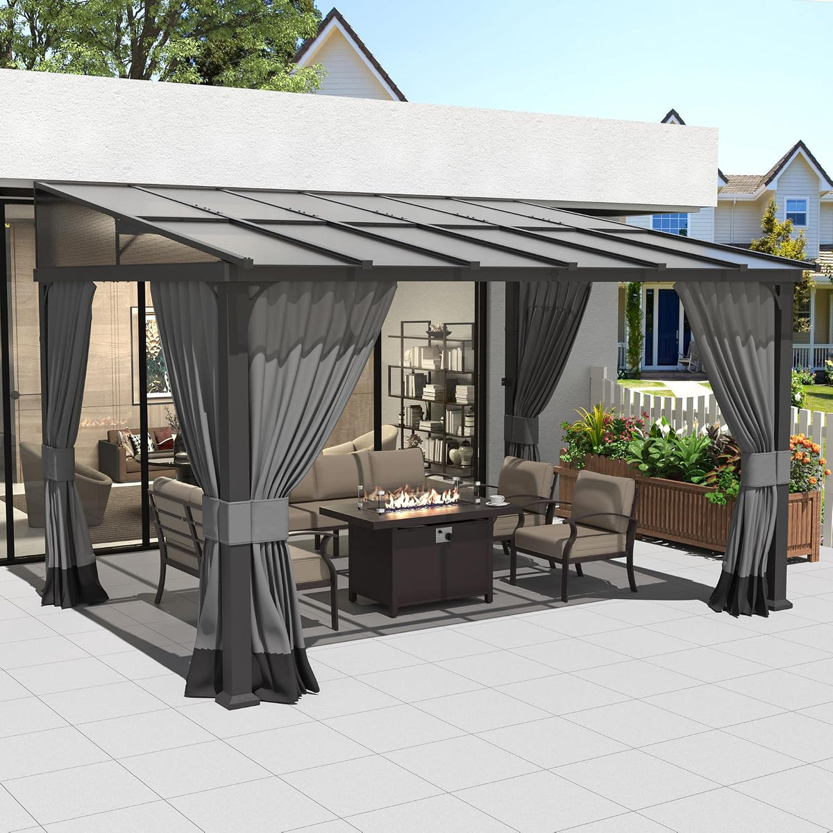Kurapika 10' x 12' Wall Mount Gazebo Outdoor Pergola, Hardtop Lean to Gazebo Canopy Awnings with Sloped Roof and Sturdy Steel Frame, for Patio, Porch, Deck, Backyard(Grey)