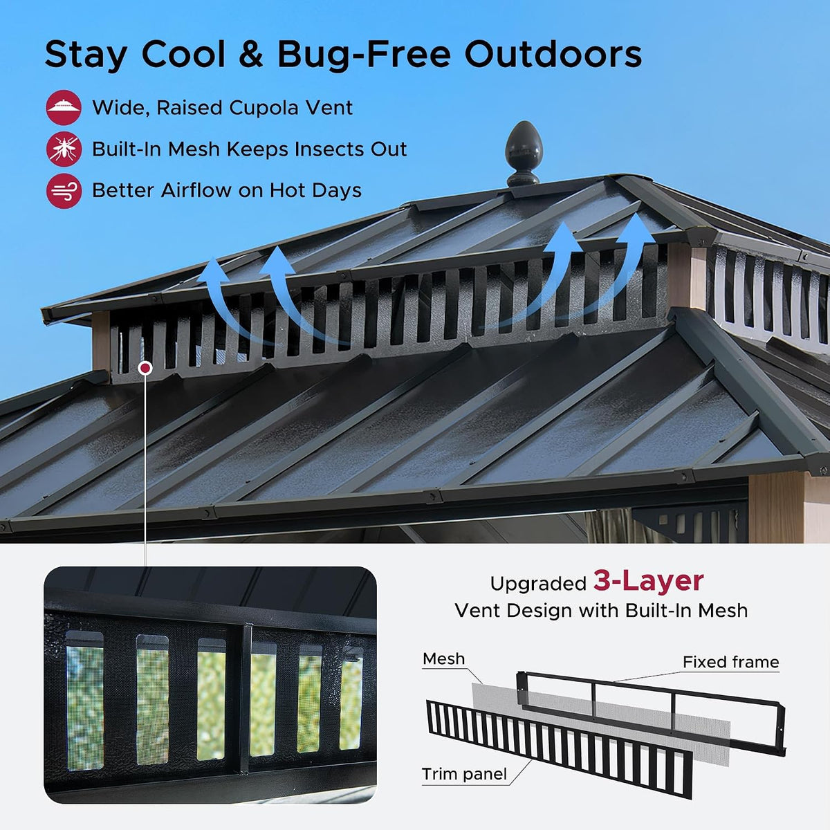 SUNJOY Kingston 12' x 10' Hardtop Gazebo with Galvanized Steel Double Roof, Curtain and Netting, Woodgrain Finish Aluminum Posts Permanent Pavilion Gazebo for Garden, Patio, Deck, Lawn