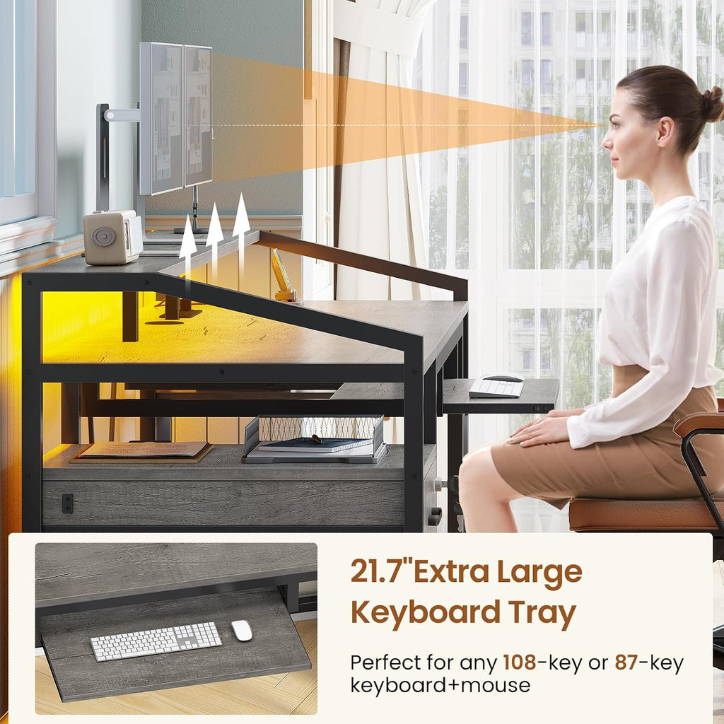 SEDETA 63' Computer Desk, Office Desk with Lockable Drawers for Legal/Letter File, Gaming Desk with LED Lights & Power Outlet, Home Office Desks with Storage, Grey