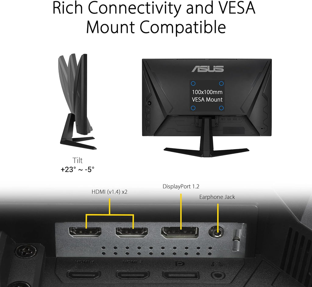 ASUS TUF Gaming 24' 1080P Monitor (VG247Q1A) - Full HD, 165Hz (Supports 144Hz), 1ms, Extreme Low Motion Blur, Adaptive-sync, FreeSync Premium, Shadow Boost, Speakers, Eye Care, HDMI, DisplayPort