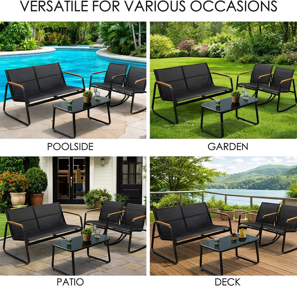 Kozyard 4-Piece Outdoor Patio Furniture Set with Textilene Chairs, Metal Conversation Set, Tempered Glass Coffee Table, Powder-Coated Steel Frame for Garden, Poolside, Backyard Black