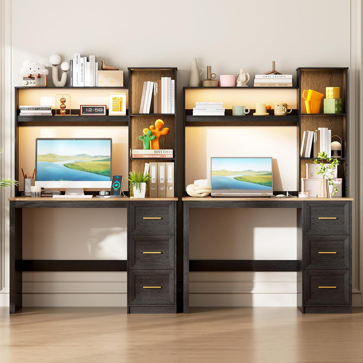 LVSOMT 40' Home Office Desk with Hutch and Drawers, Computer Desk with Power Outlets and LED Light, Study Writing Gaming Table with Storage Shelves, Workstation for Bedroom, Black