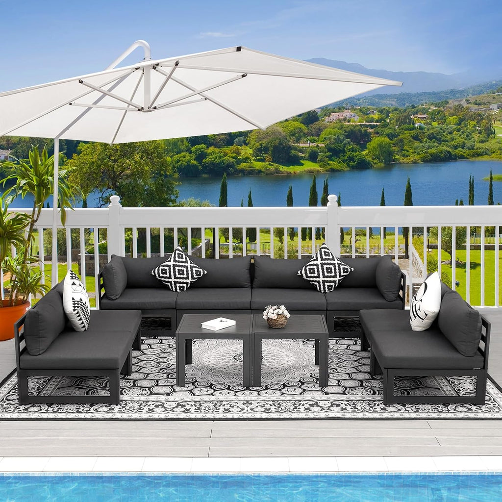 RADIATA 10 Pcs L-Shaped Contemporary Aluminum Outdoor Furniture Set, 29' Deep Wide Large Couch Set, 500 lbs High Weight Capacity Modular Patio Sectional Sofa with Side Table for Garden Yard, Dark Gray