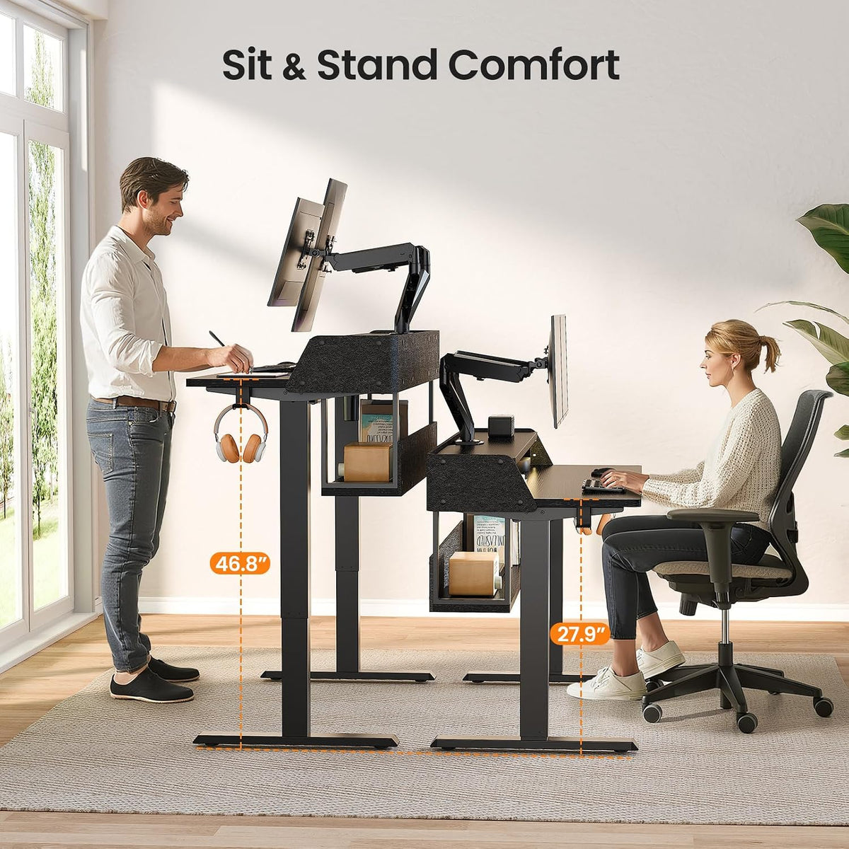 ErGear Electric Standing Desk, 48x24 Inch Adjustable Sit Stand Desk with Bookshelf & Monitor Stand, Standing Gaming Desk with LED Light Strip, Stand Up Desk for Home Office, Black
