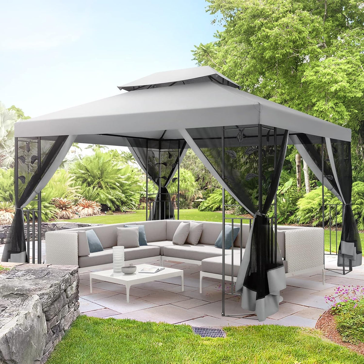 COBIZI Gazebo 10x13 Heavy Duty Gazebo with Improved Nettings Outdoor Double Roof Patio with Metal Steel Frame Outdoor Canopy Tent for Patio, Deck, Backyard (Gray, Nettings)