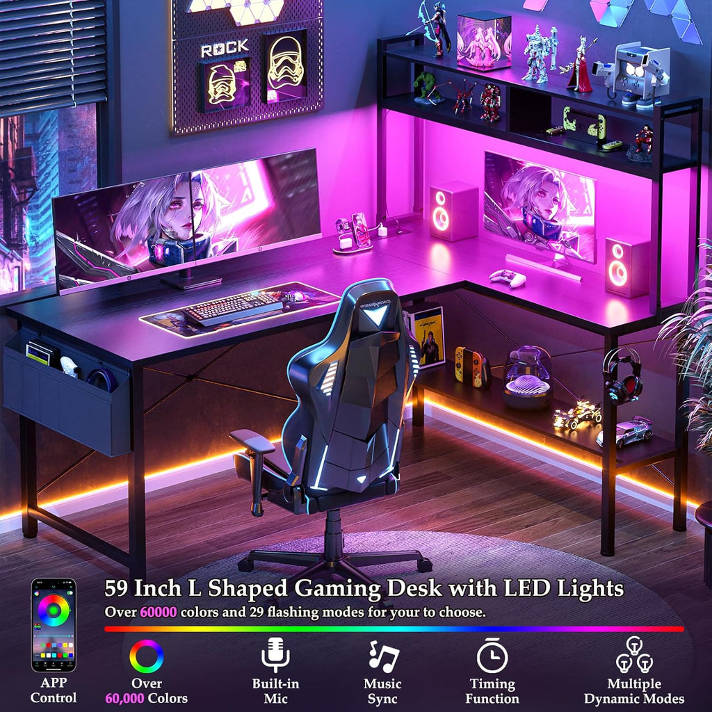 Aheaplus L Shaped Desk Gaming Desk, 59' L Shaped Computer Desk with LED Light & Power Outlet, Reversible Home Office Desk Gamer Desks with Shelves & Storage Bag & Hooks, Corner PC Desk, Black
