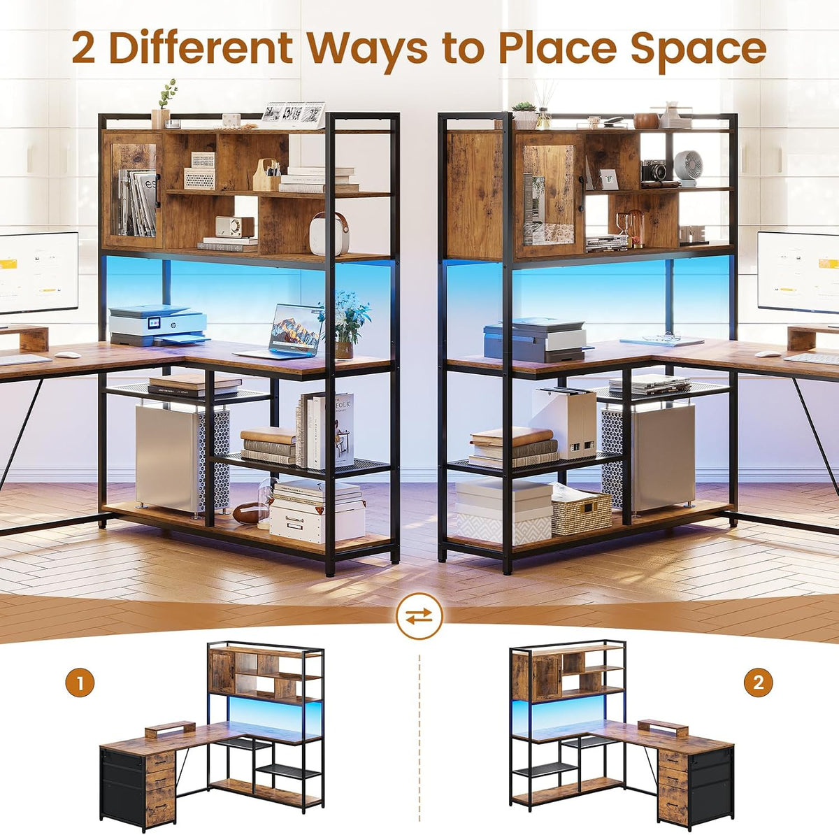 SEDETA L Shaped Computer Desk, 58'' Office Desk with 3 Drawers and Bookshelf, L Shaped Corner Desk with Storage Shelves and LED Light for Home Office, Gaming Desk, L Desk, Rustic Brown