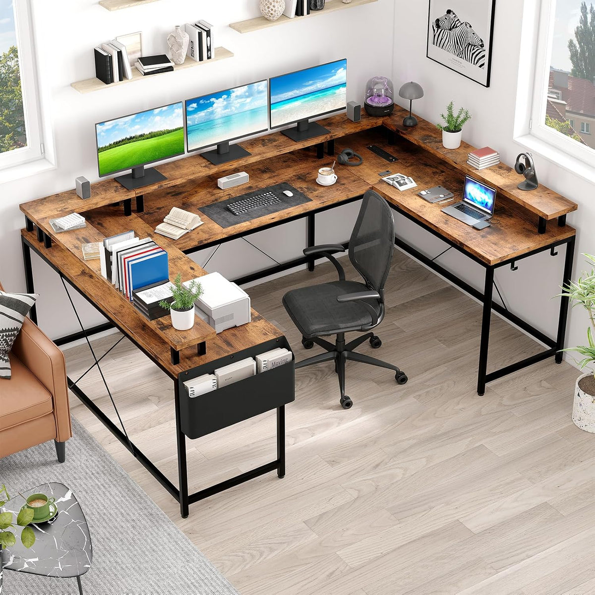 GAOMON U Shaped Desk, 126 Inch Gaming Desk with Monitor Stand and LED Lights, Reversible Shaped Large Computer Desk with Power Outlets, Office Desk with Storage Bag and Hooks, Vintage