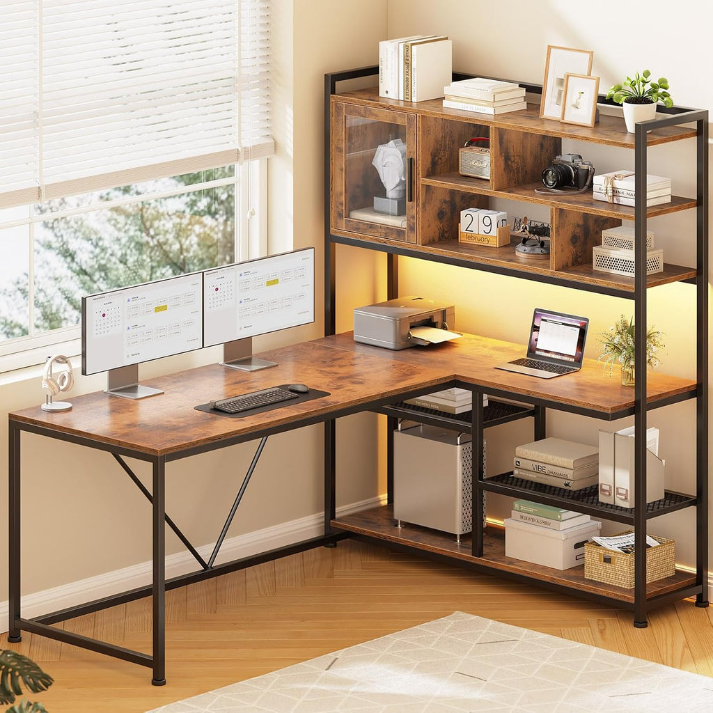 SEDETA L Shaped Computer Desk, 58'' Office Desk with LED Light and Bookshelf, L Shaped Corner Desk with Storage Shelves for Home Office, Gaming Desk, L Desk, Rustic Brown