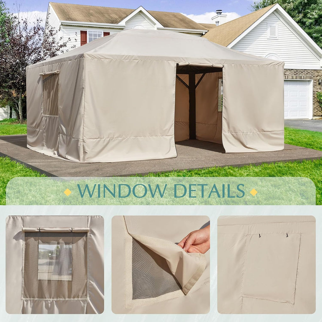 EROMMY Gazebo Cover for 12'x16' Gazebos,Outoor Winter Gazebo Cover with Sidewalls and Mesh Windows,Convert Gazebo into a Storage Space,Beige(Gazebo not Included)