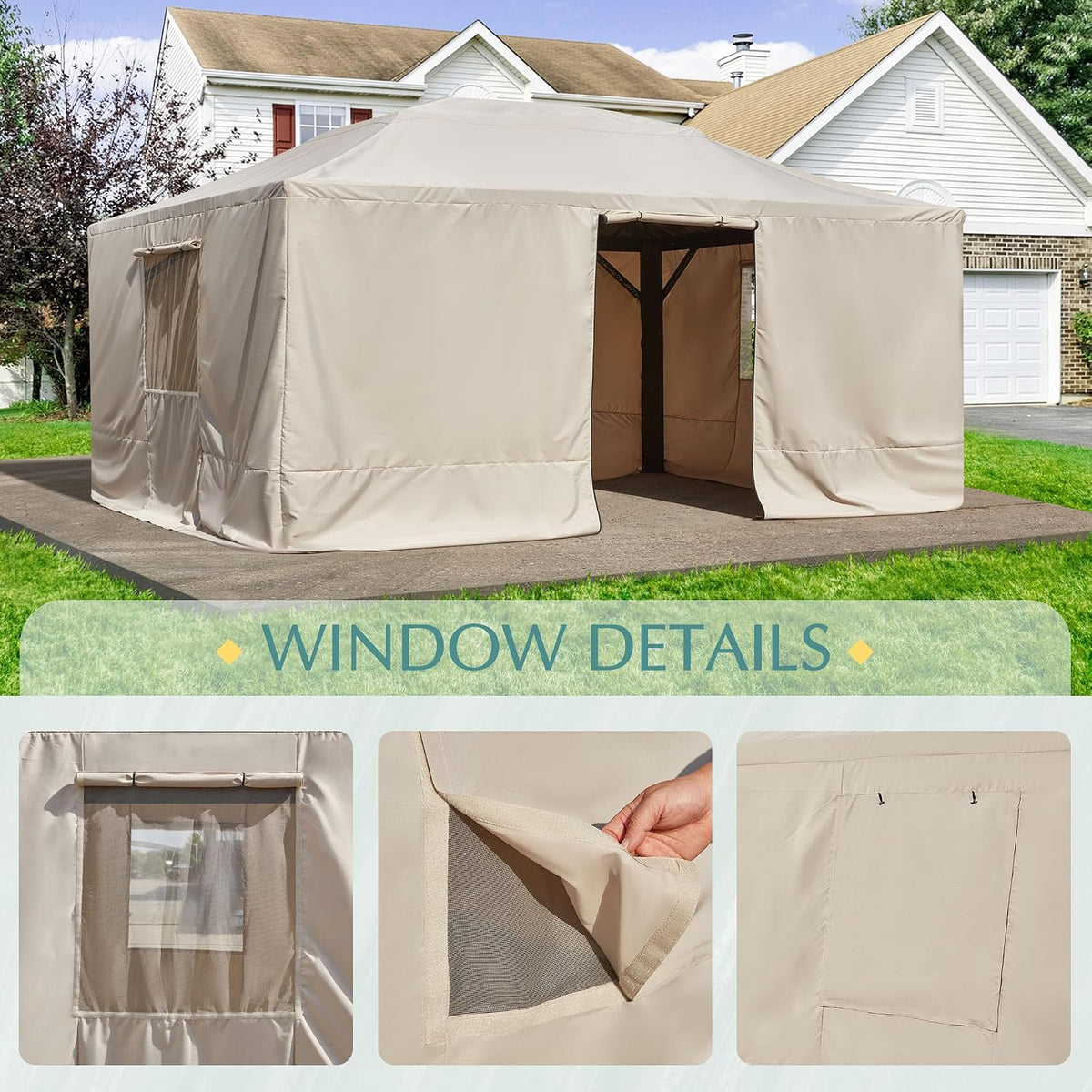 EROMMY Gazebo Cover for 12'x16' Gazebos,Outoor Winter Gazebo Cover with Sidewalls and Mesh Windows,Convert Gazebo into a Storage Space,Beige(Gazebo not Included)