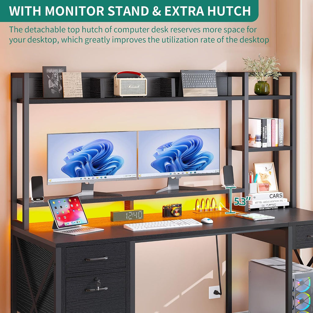 DWVO Computer Desk with Drawers & Hutch, 59.1' Office Desk with Power Outlets & LED Lights, Home Office Desk with Storage Shelves, Black