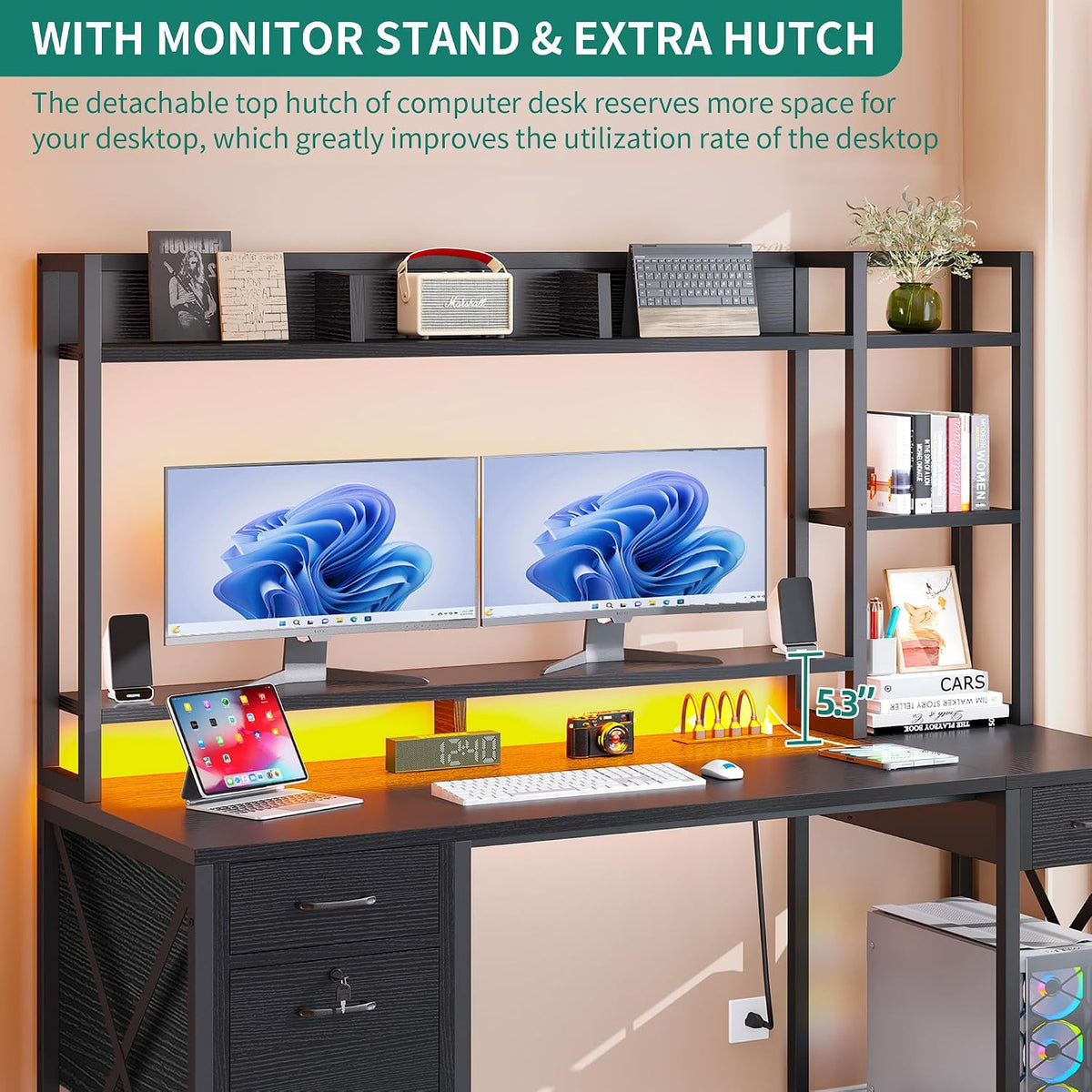 DWVO Computer Desk with Drawers & Hutch, 59.1' Office Desk with Power Outlets & LED Lights, Home Office Desk with Storage Shelves, Black