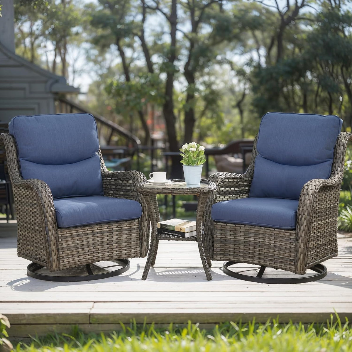 HUMMUH High Back Outdoor Swivel Rocker Patio Chairs Set of 2, with 5-Inch Thick Cushions and Side Table,All-Weather Patio Furniture for Porch,Poolside, Deck, and Yard